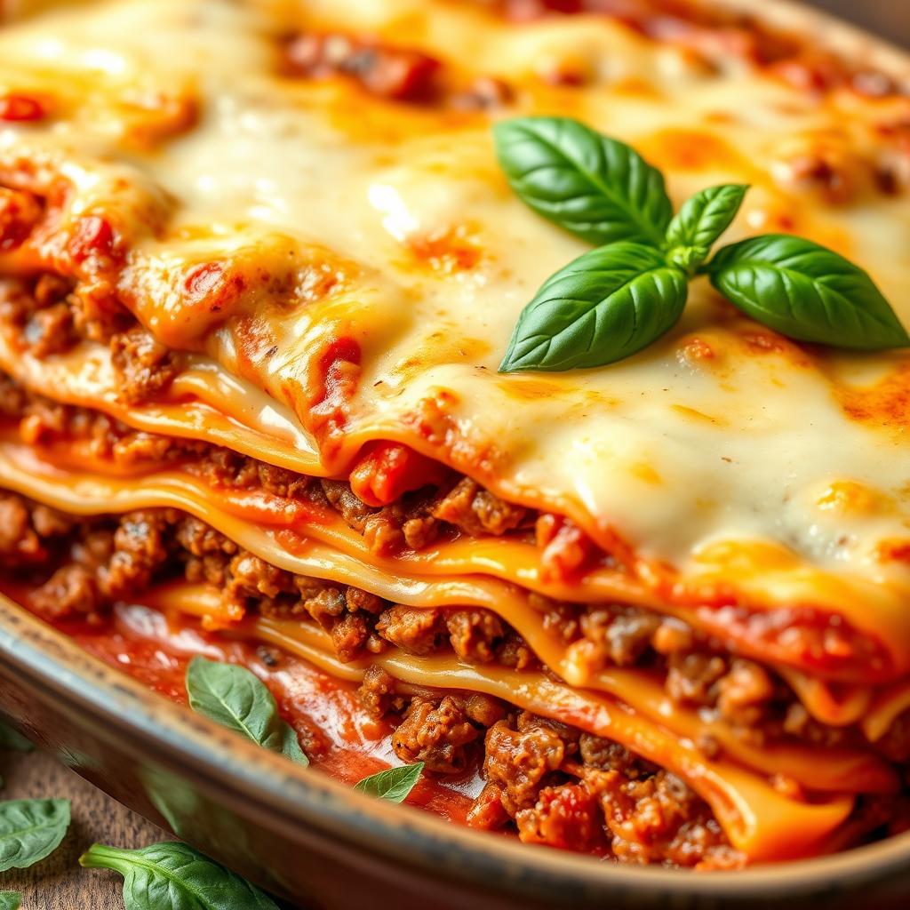 An appetizing image of a hearty lasagna filled with layers of savory ground beef and rich tomato sauce