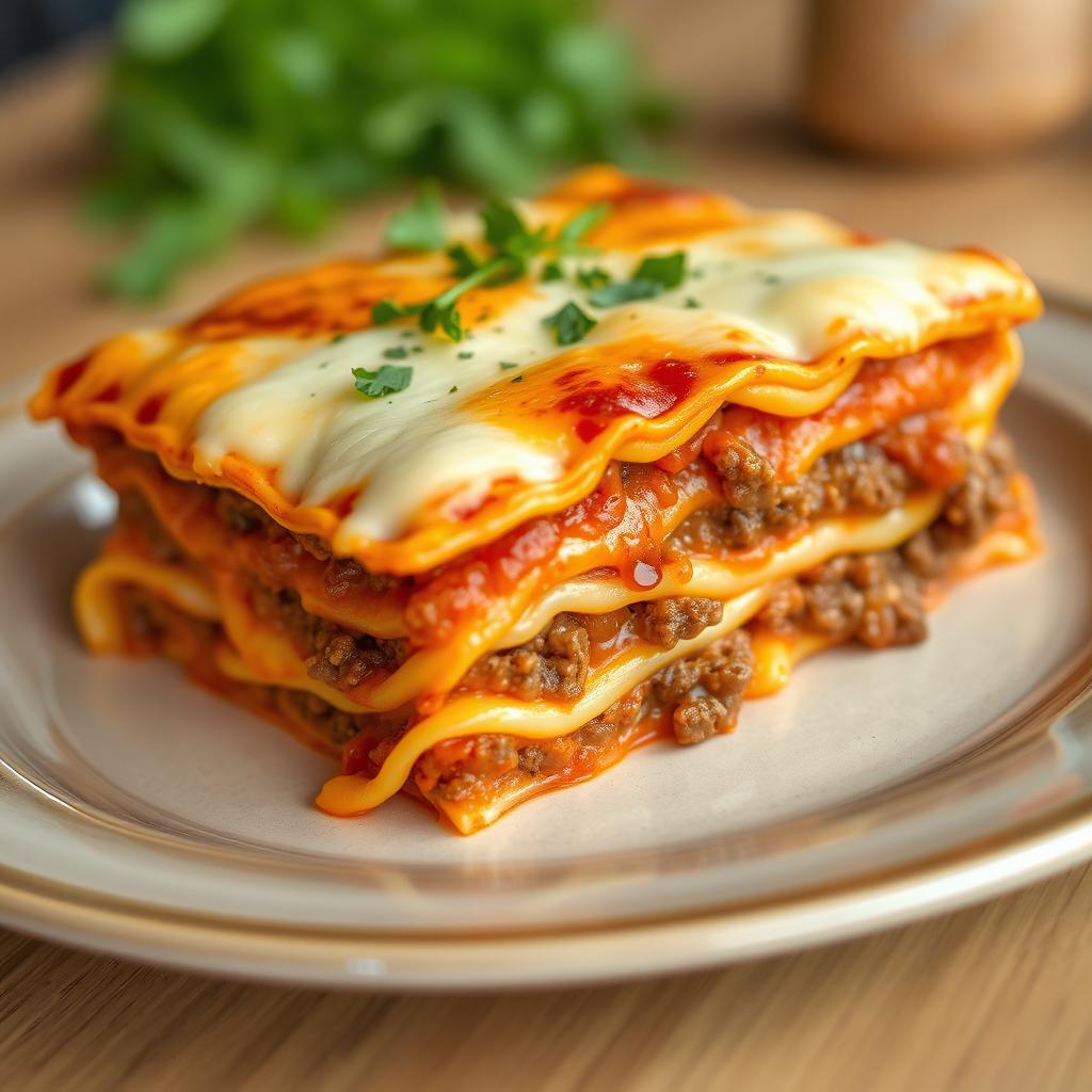 A delectable image of a lasagna filled with savory ground beef, richly layered and topped with a generous portion of melted cheese, beautifully gratinated to golden perfection