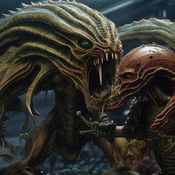 A high definition, cinematic quality close-up of a Warhammer 40K soldier in mid-battle with an alien creature. The soldier's armor is detailed, weathered from combat, and the alien is grotesque yet intriguing.