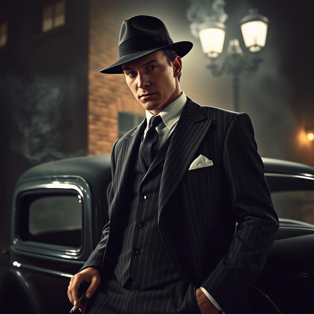 A classic gangster scene set in the 1920s, featuring a suave man in a tailored pinstripe suit, a fedora hat, and slicked-back hair