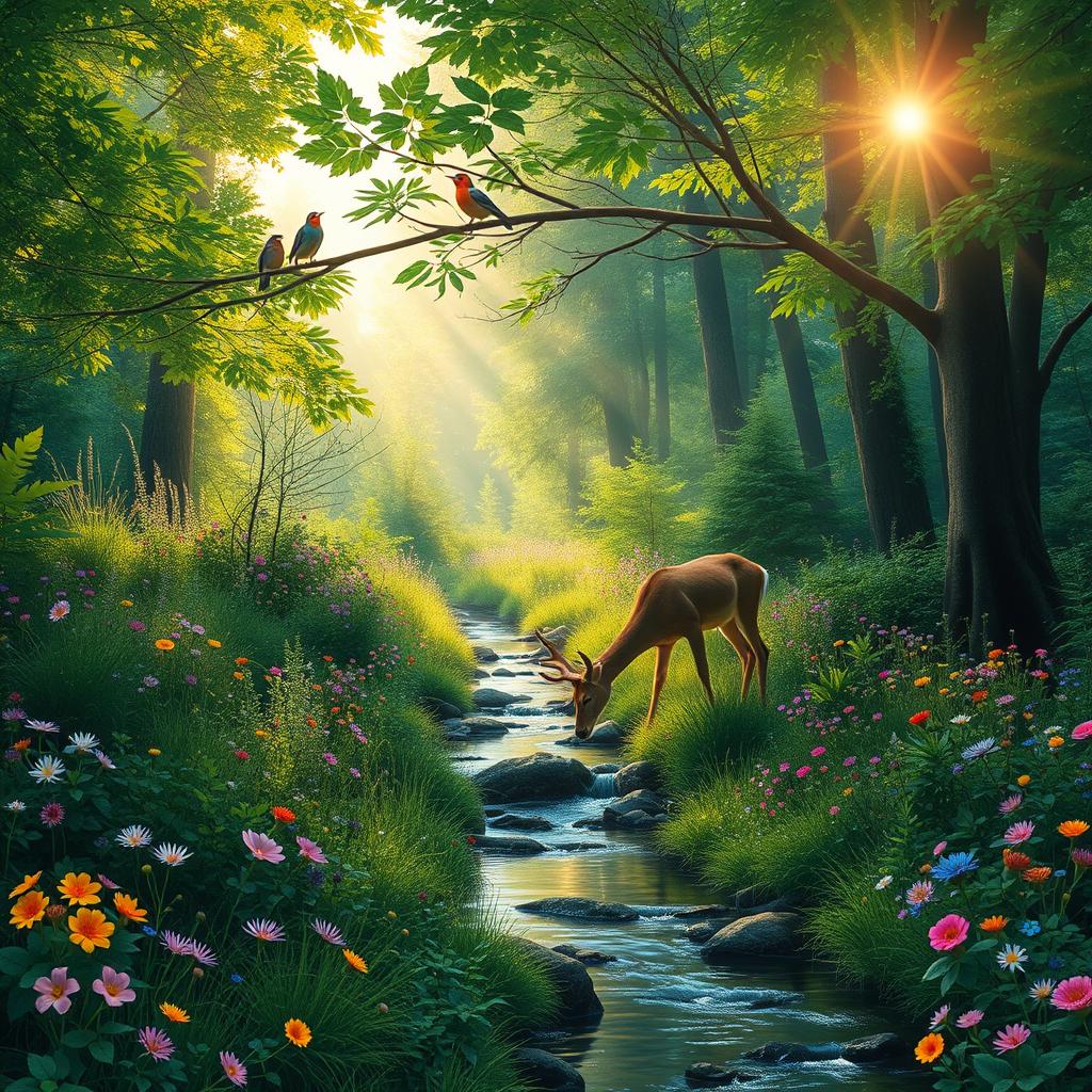 A vibrant, lush forest in the early morning with rays of sunlight streaming through the trees