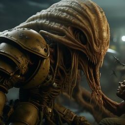 A high definition, cinematic quality close-up of a Warhammer 40K soldier in mid-battle with an alien creature. The soldier's armor is detailed, weathered from combat, and the alien is grotesque yet intriguing.