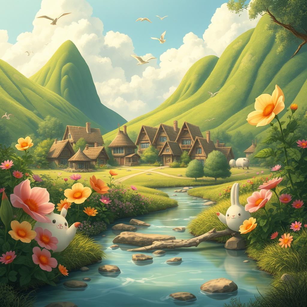 A lush, dreamlike landscape reminiscent of Studio Ghibli films, featuring a whimsical village with thatched-roof cottages, surrounded by vibrant, oversized flowers and towering green hills
