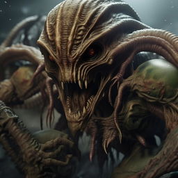 A high definition, cinematic quality close-up of a Warhammer 40K soldier in mid-battle with an alien creature. The soldier's armor is detailed, weathered from combat, and the alien is grotesque yet intriguing.