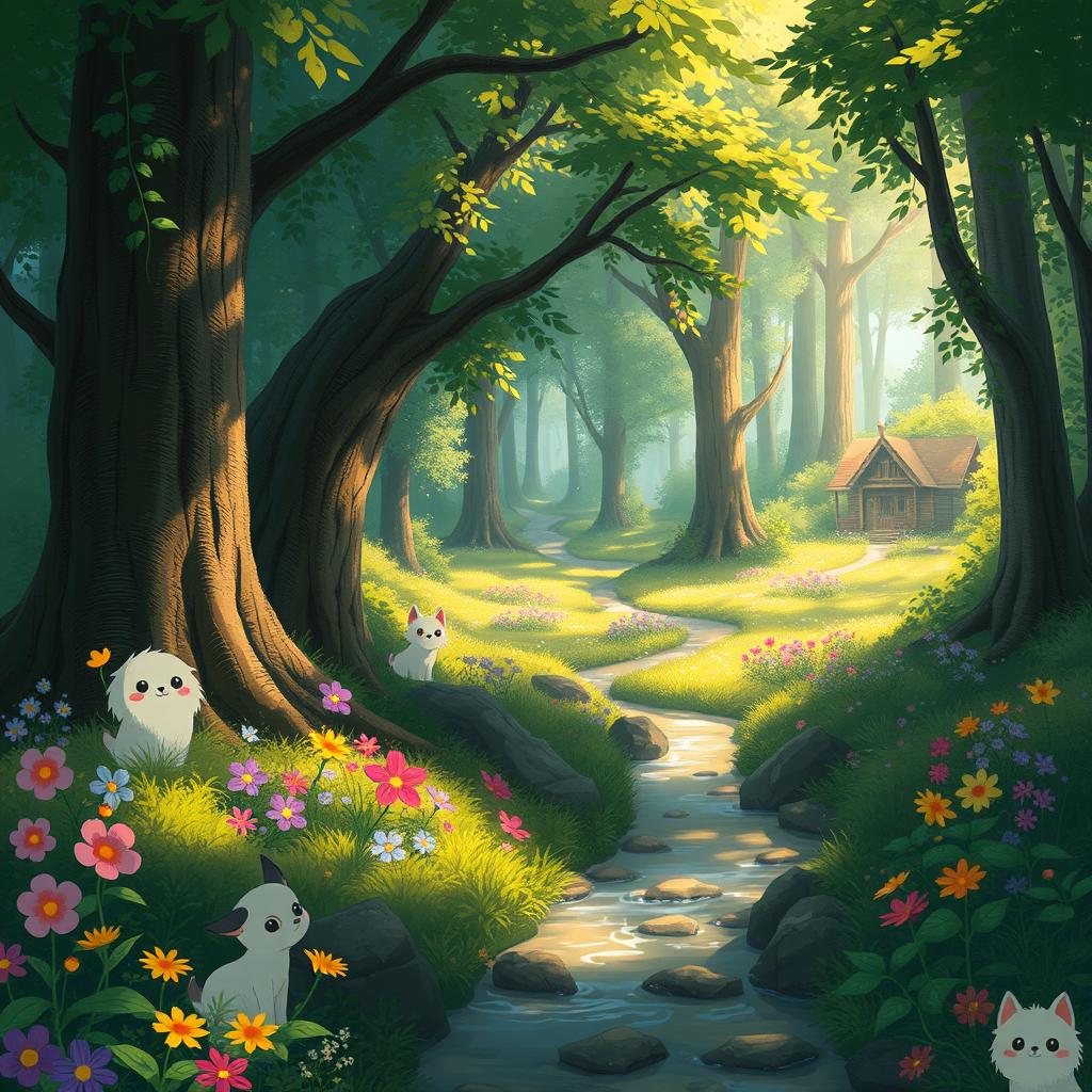 A magical forest scene inspired by Studio Ghibli, featuring whimsical creatures like a friendly forest spirit, colorful flowers, and a gentle stream flowing through the lush greenery