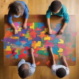 Overhead view of four children around a wooden table, tackling a scattered puzzle, all depicted as a detailed and colorful graffiti on a wall.