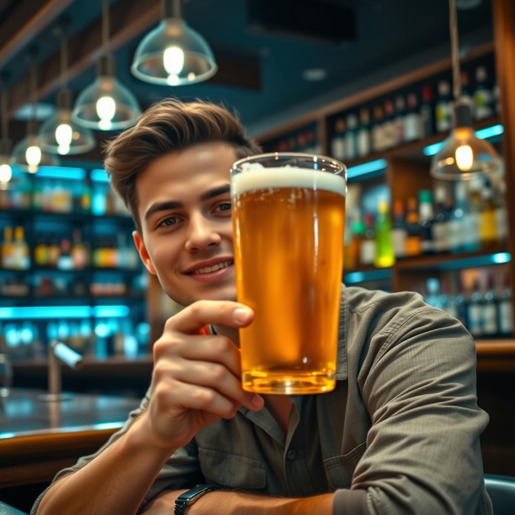 An innocent-looking young man, casually sitting at a stylish bar, holding a glass of cold beer in his right hand