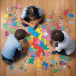 Overhead view of four children around a wooden table, tackling a scattered puzzle, all depicted as a detailed and colorful graffiti on a wall.