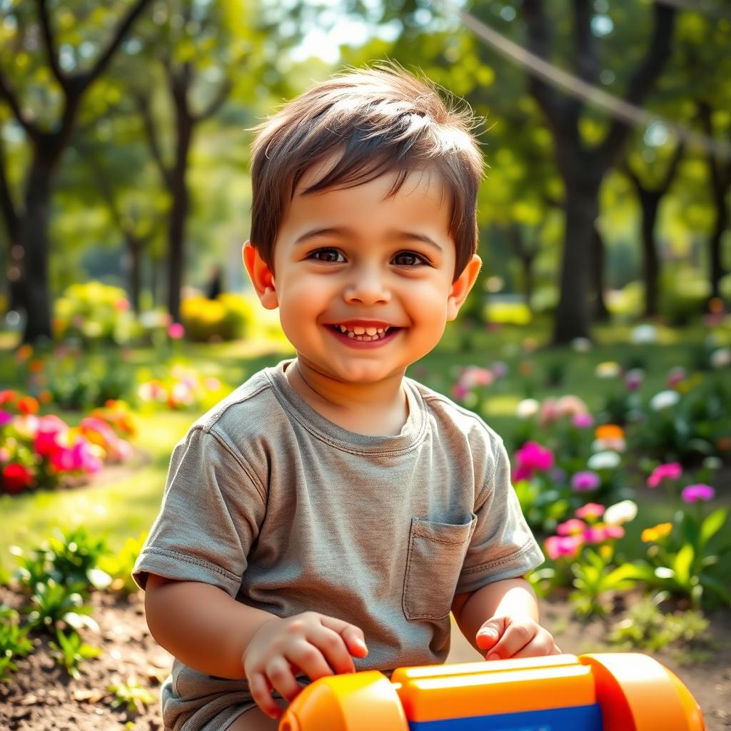 A cheerful 4-year-old boy wearing casual clothing, showcasing a playful smile and bright, curious eyes