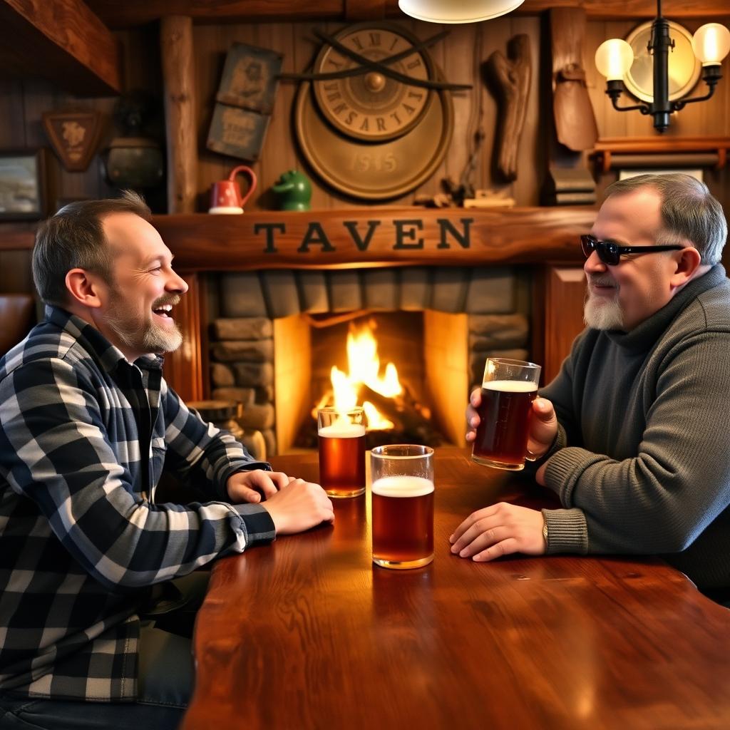 A cozy tavern interior featuring three men sitting around a wooden table