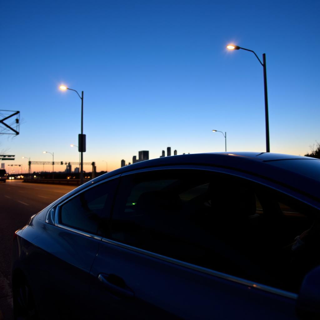 A serene scene of a modern car parked on a quiet street at dusk