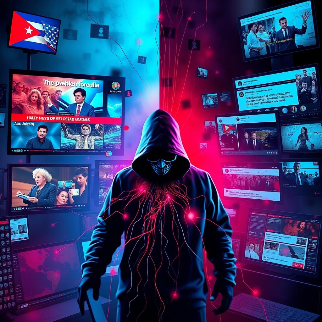 A dramatic digital battlefield scene representing a clash of narratives in the media landscape