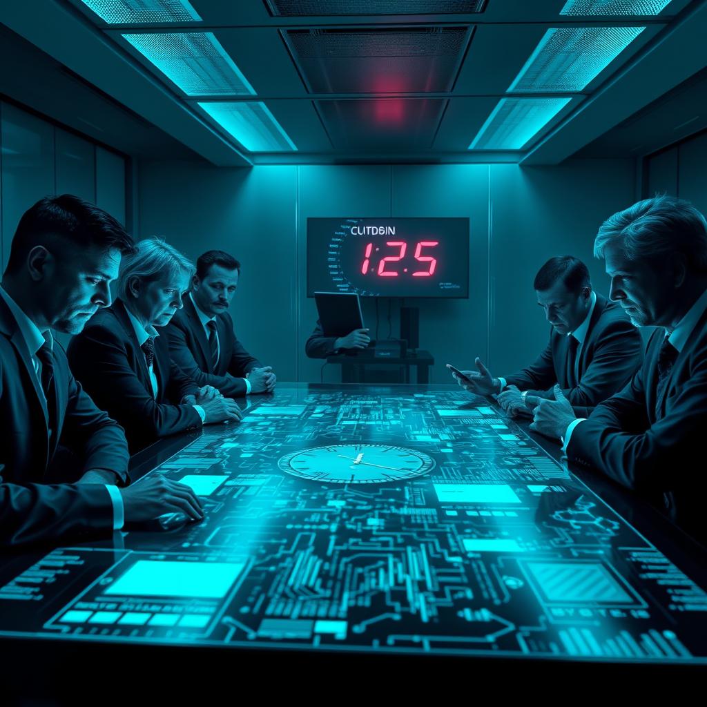 A tense, high-tech conference room filled with anxious executives gathered around a glowing holographic table that displays intricate encrypted data alongside a prominent ticking countdown clock
