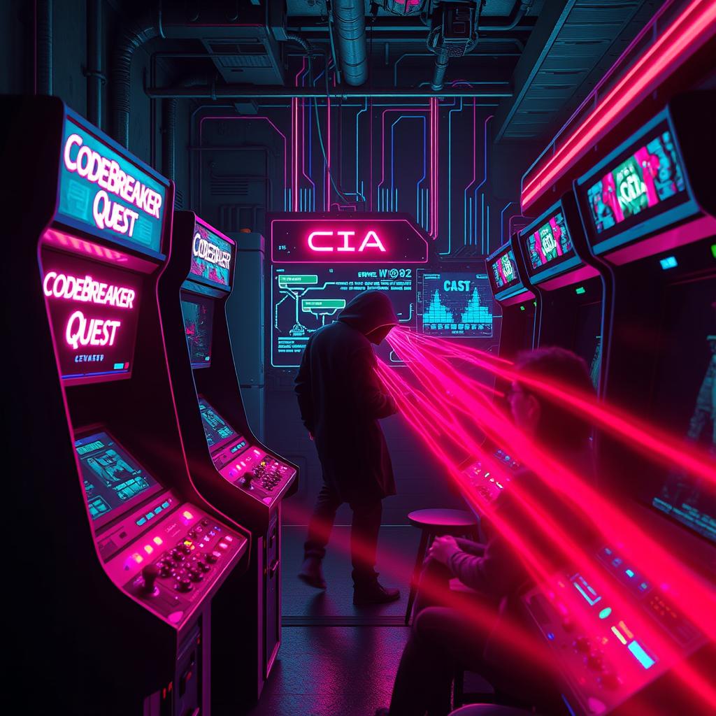A captivating cyberpunk gaming scene featuring neon-lit arcade machines prominently displaying the title 'CodeBreaker Quest'