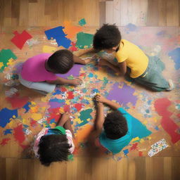 Overhead view of four children around a wooden table, tackling a scattered puzzle, all depicted as a detailed and colorful graffiti on a wall.