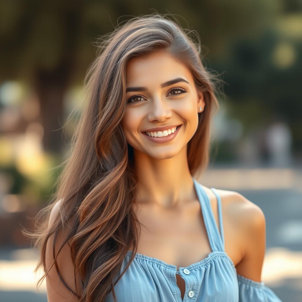 A beautiful young woman with a natural smile, long wavy brown hair, wearing a casual summer outfit, standing outdoors in soft daylight