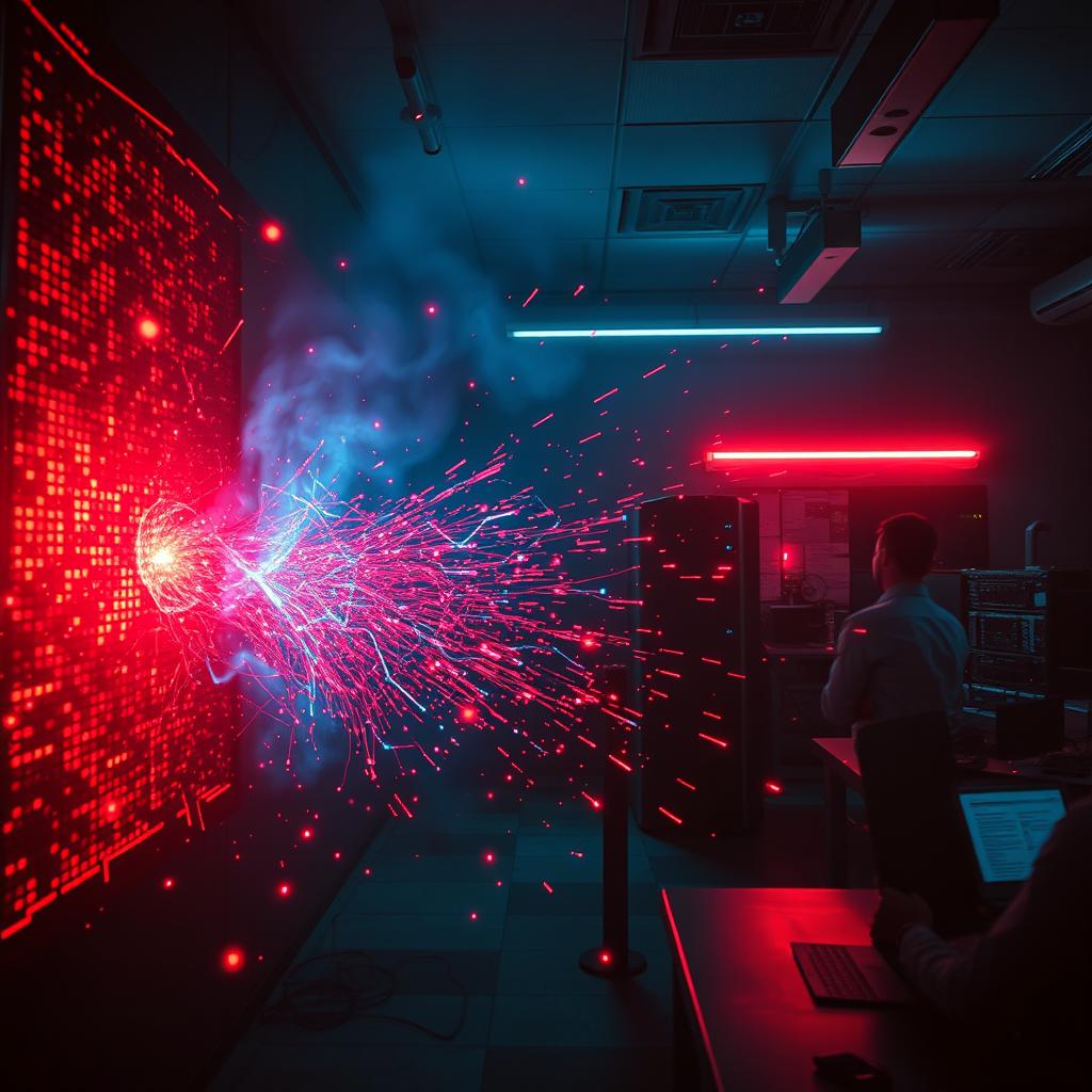 A dramatic cyberattack scene depicting a digital firewall under siege, visibly collapsing as it is overwhelmed by a flood of glowing red and blue data packets surging toward it