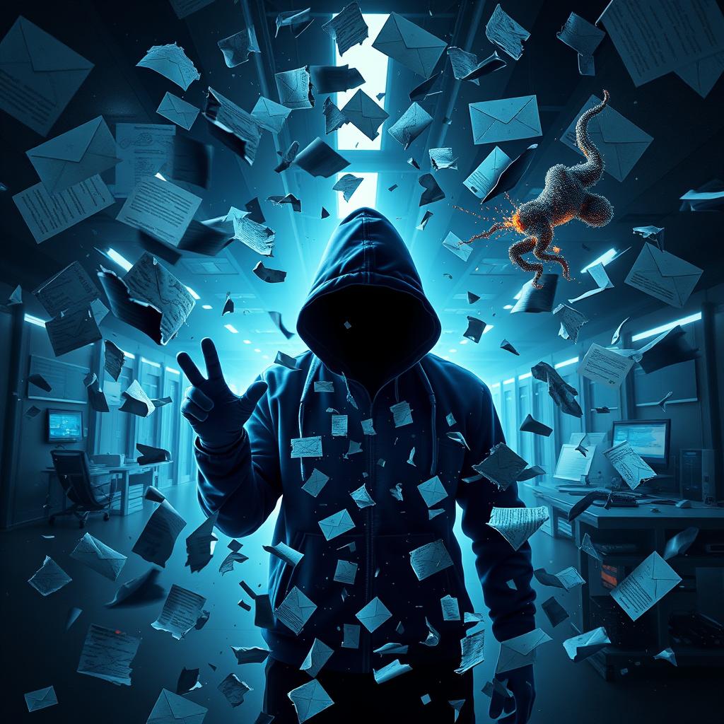 A mysterious digital collage showcasing an array of shattered scientific papers, fake emails, and manipulated images swirling around the glowing silhouette of a hacker, epitomizing the essence of digital deception