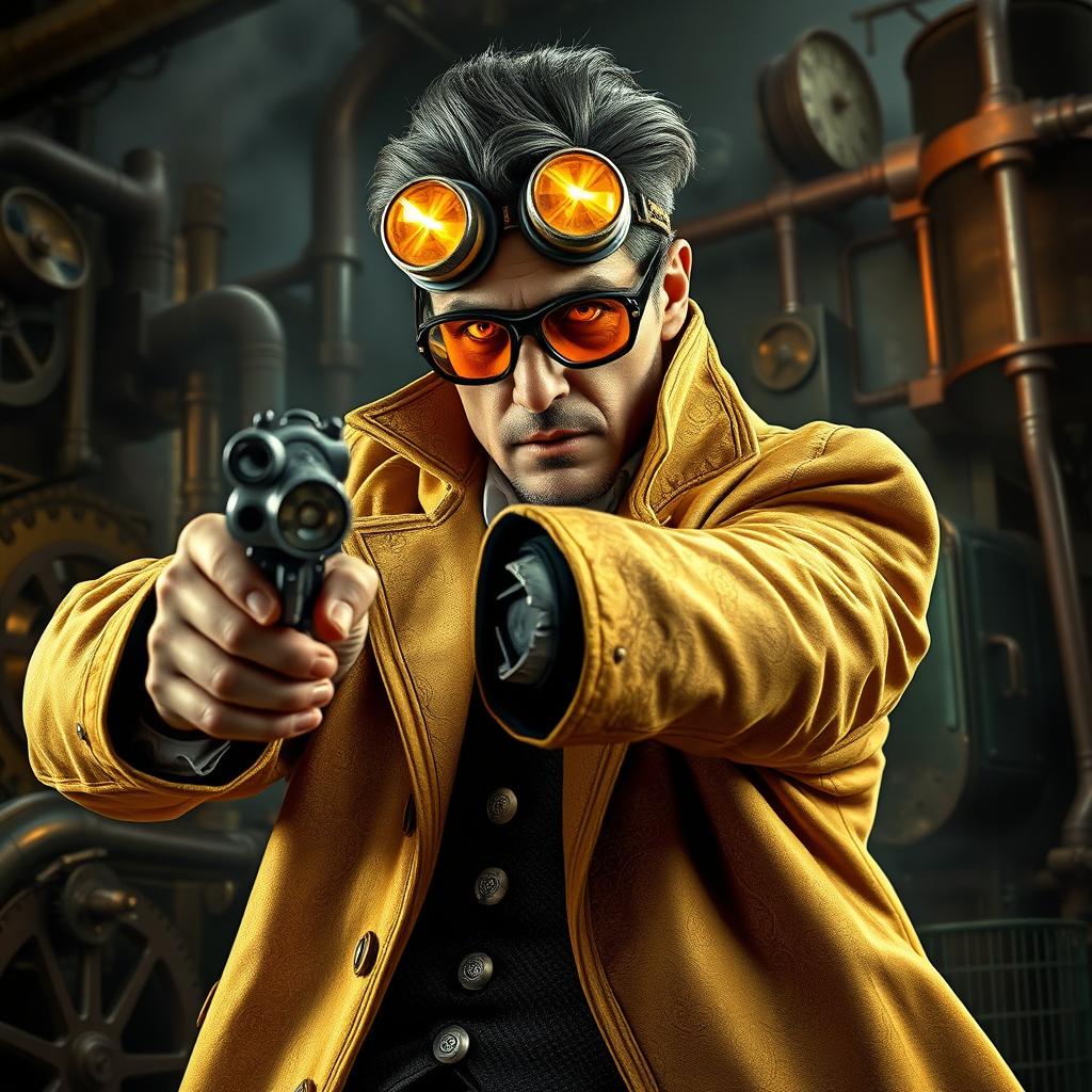 A steampunk professor in a golden ornate coat, depicted in a dynamic combat pose, brandishing a mechanical revolver