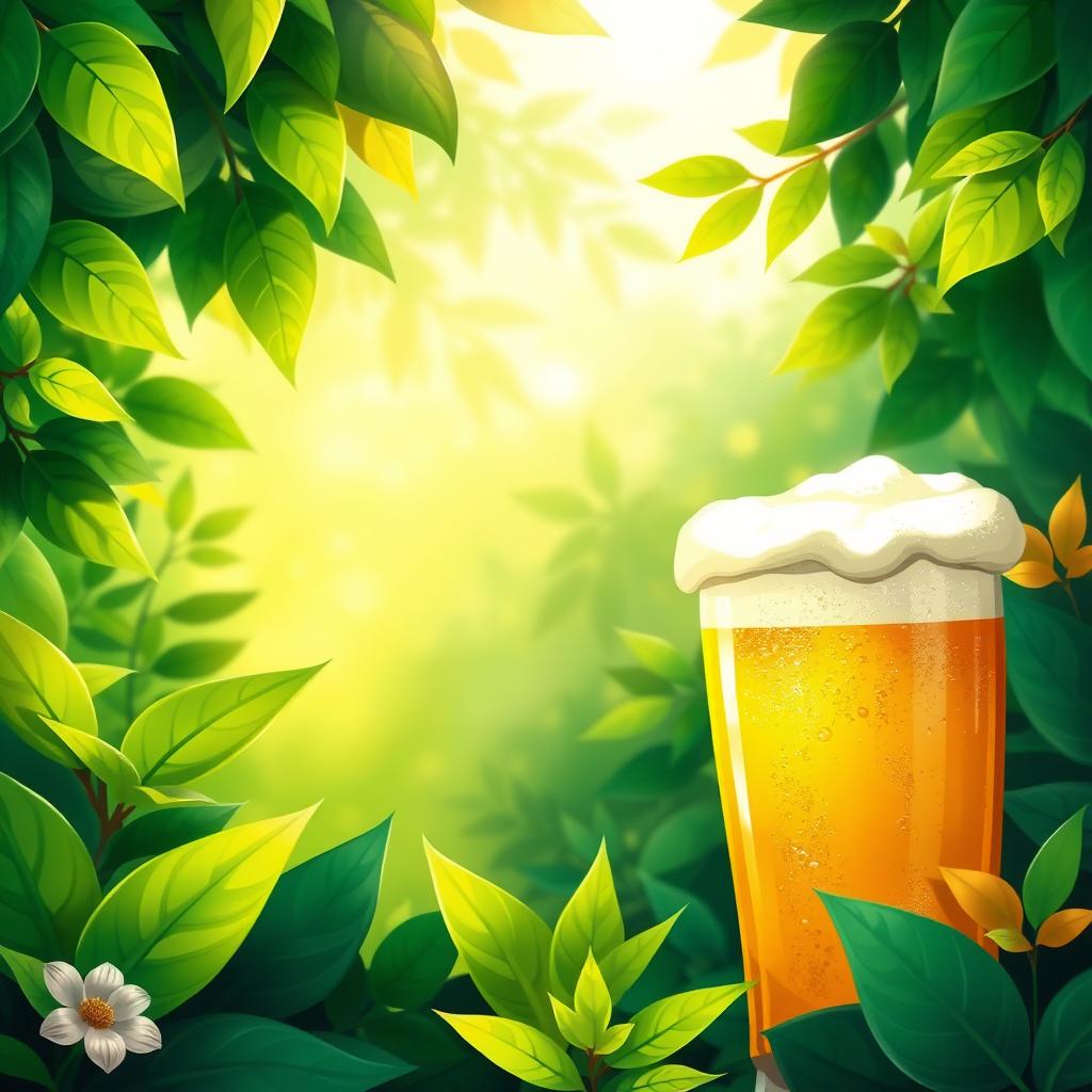 A beautiful, vibrant digital illustration of a lush green scene featuring a pint of beer prominently on the left side