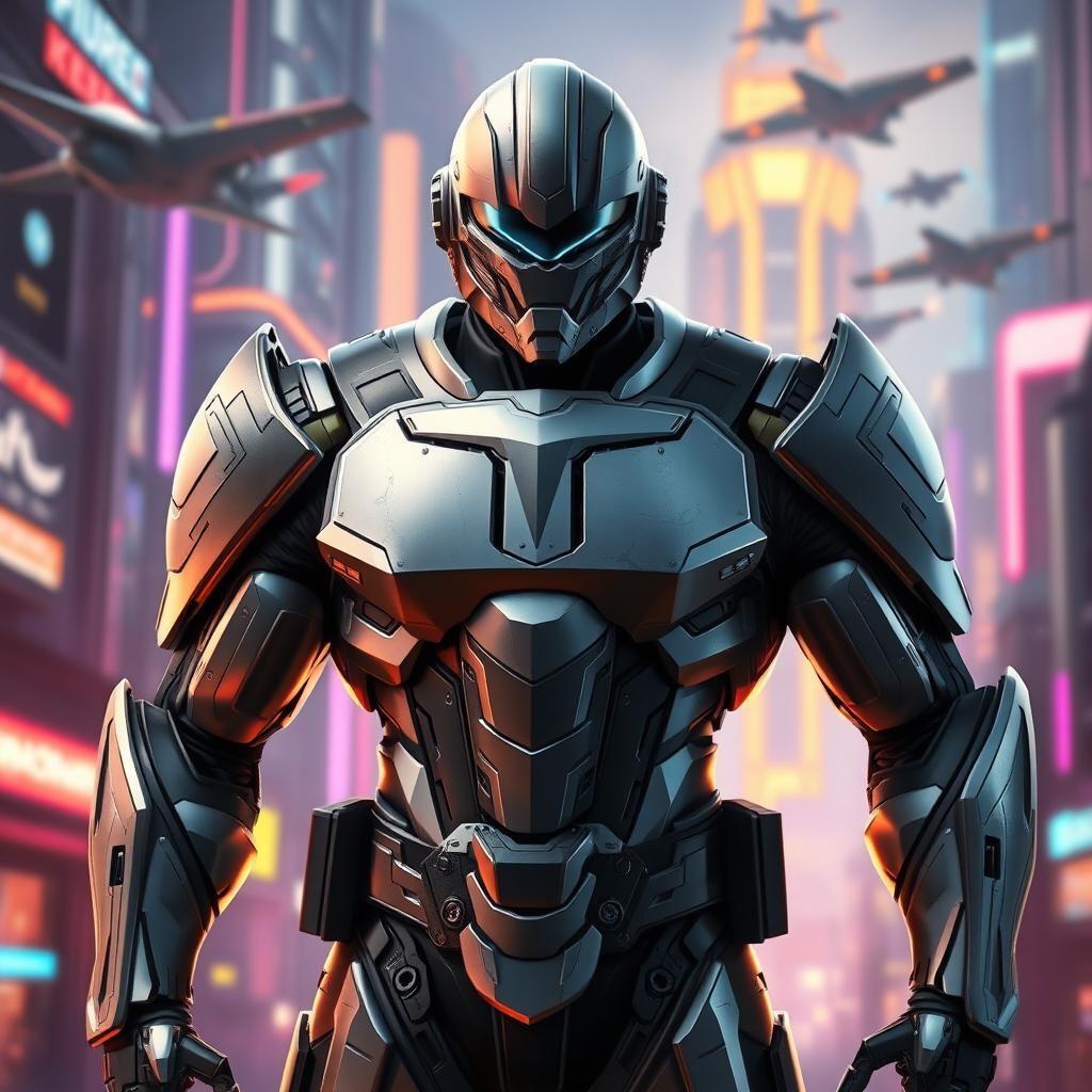 A futuristic armored hero standing proudly, with a square-shaped chest plate that emphasizes strength and durability
