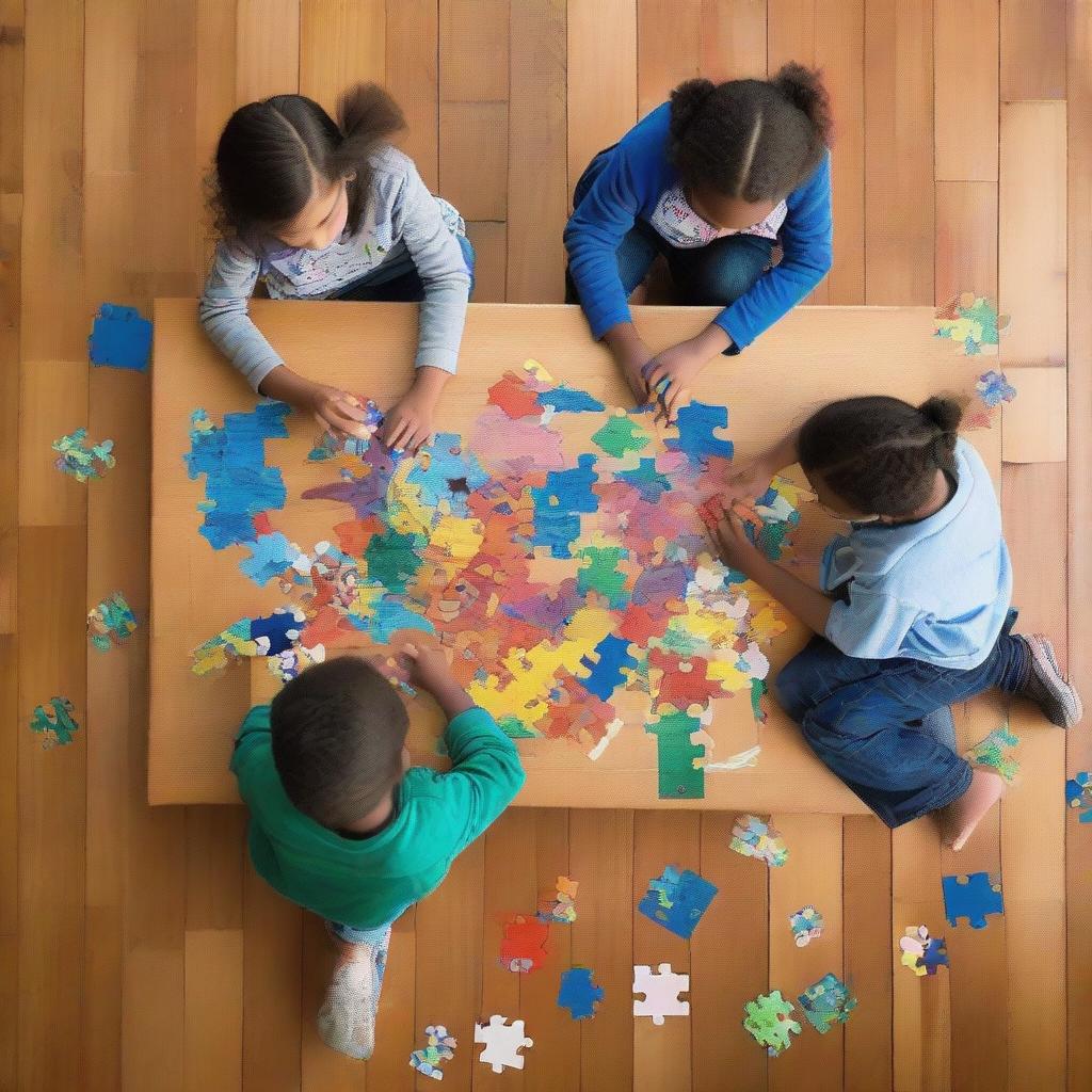 Overhead view of four children around a wooden table, tackling a scattered puzzle, all depicted as a detailed and colorful graffiti on a wall.