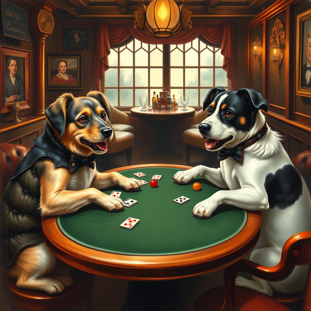 A classic painting of dogs playing poker, featuring two specific dogs from the provided image
