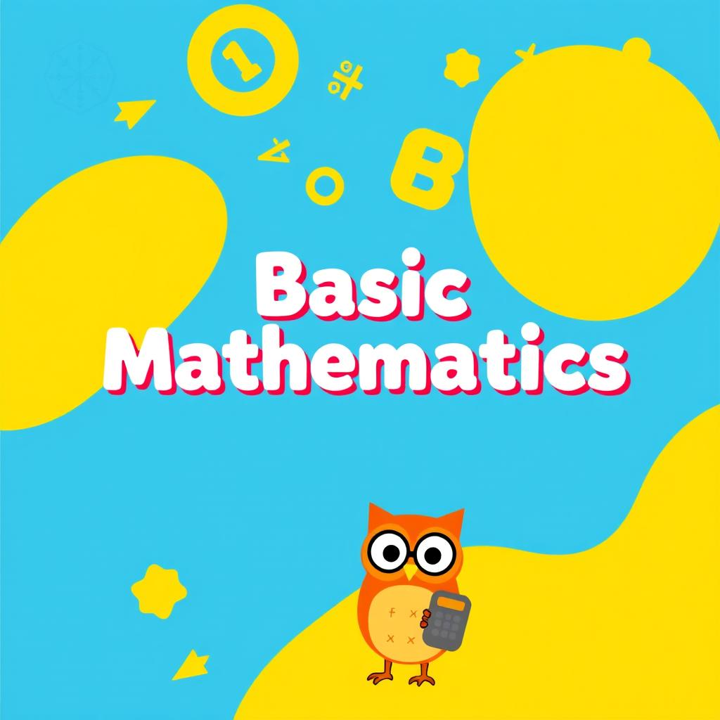 A bright and engaging cover page for a basic mathematics book, featuring vibrant colors like blue and yellow