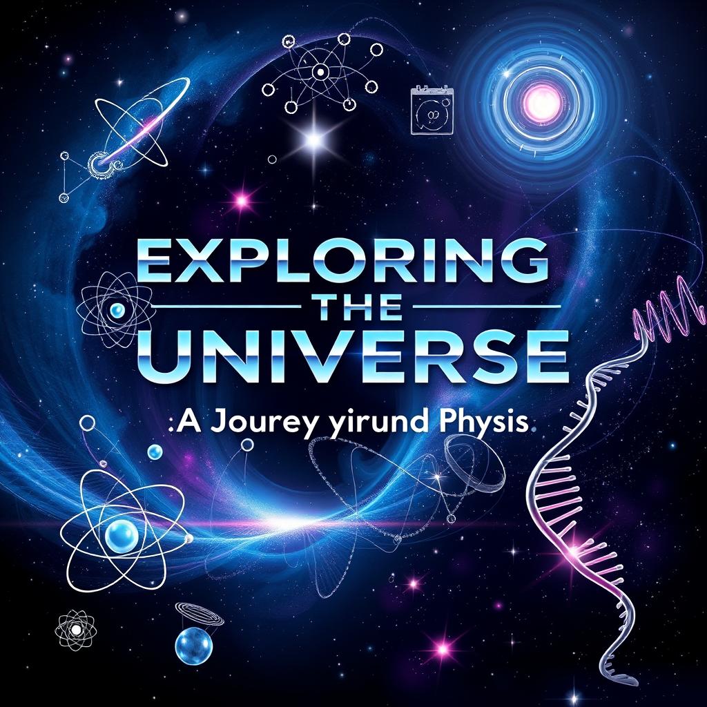 A stunning cover page design for a physics book, featuring an abstract cosmic background with swirling galaxies and stars