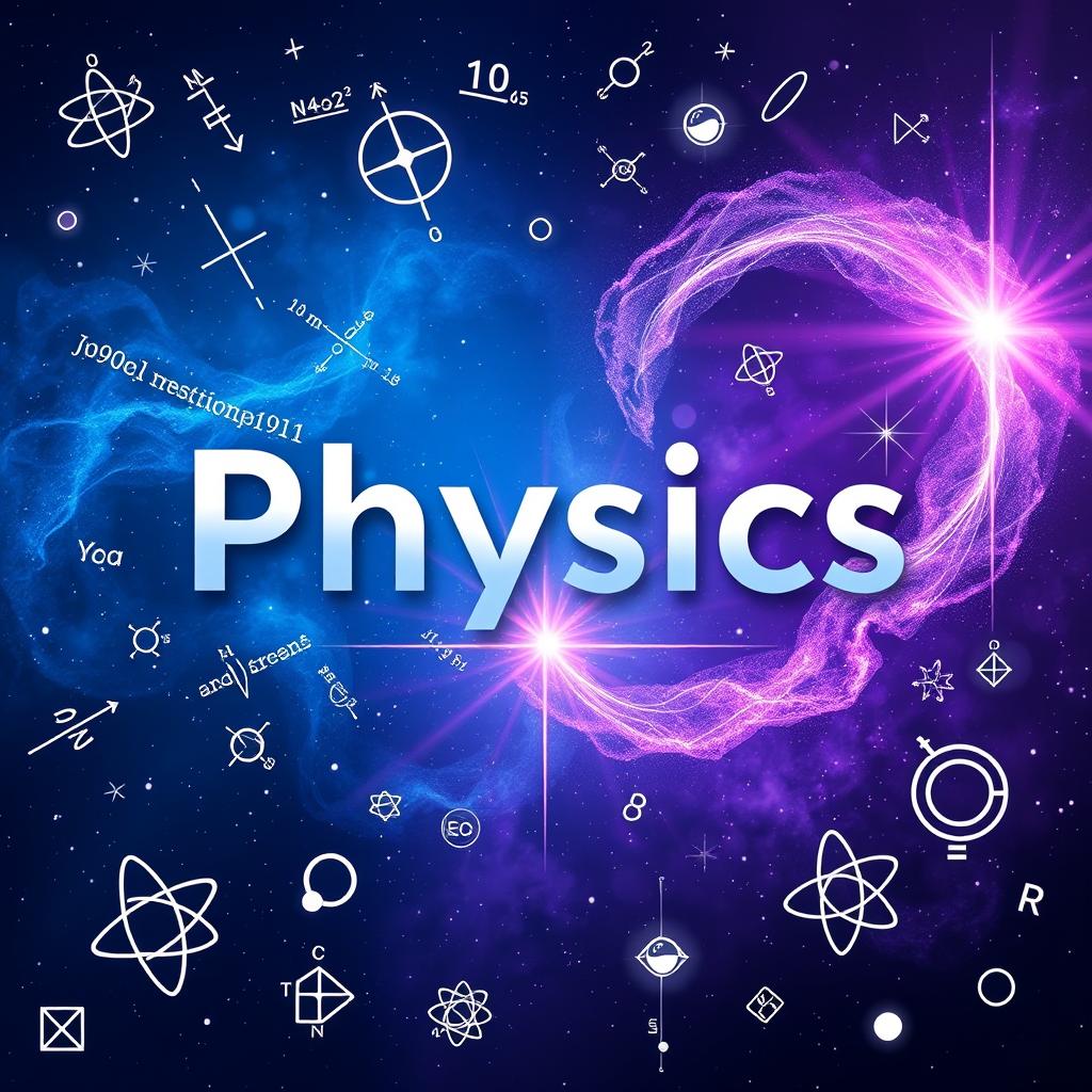 A stunning and visually engaging cover page for a physics book, prominently featuring the title 'Physics' in bold, modern typography
