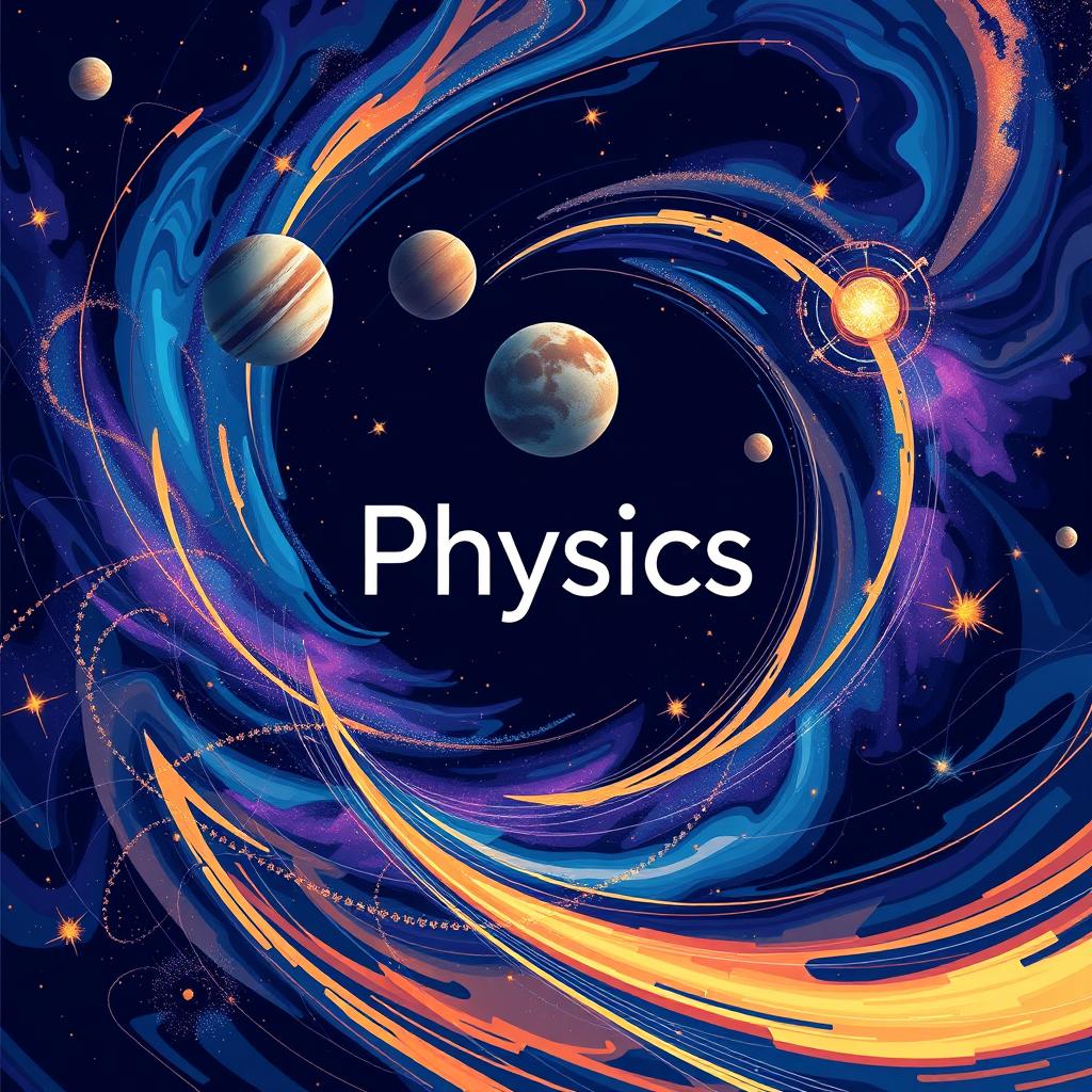 A visually striking cover design for a physics book titled 'Physics', featuring an abstract representation of the cosmos, planets, and stars, with swirling galaxies in vibrant colors like deep blues, purples, and hints of gold