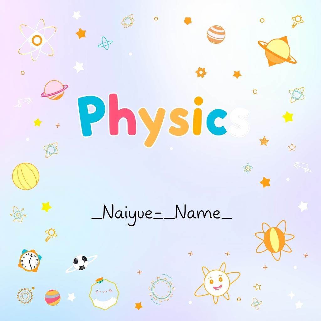 A cute and engaging cover page design for a physics book featuring whimsical illustrations related to physics concepts such as atoms, planets, stars, and light beams