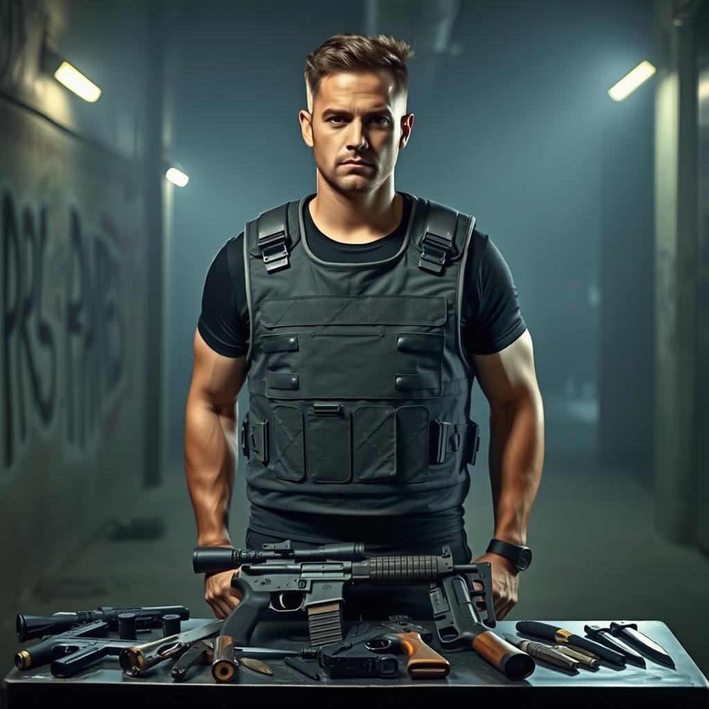 A confident figure wearing a bulletproof vest, standing in a dimly lit, urban environment, showcasing a variety of weapons displayed on a table
