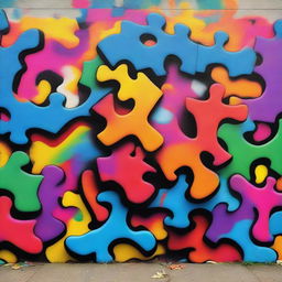 Graffiti art of scattered puzzle pieces on a wall, painted with vibrant colors and intricate texture.