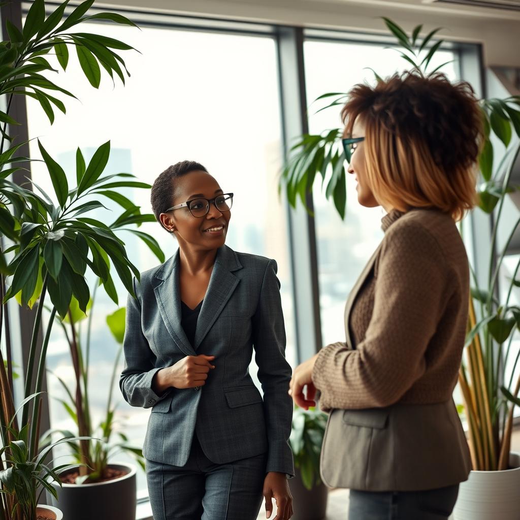 A high-powered African businesswoman, dressed in a tailored suit, exuding confidence and elegance, stands in a modern office filled with lush green plants and large glass windows showcasing a city skyline