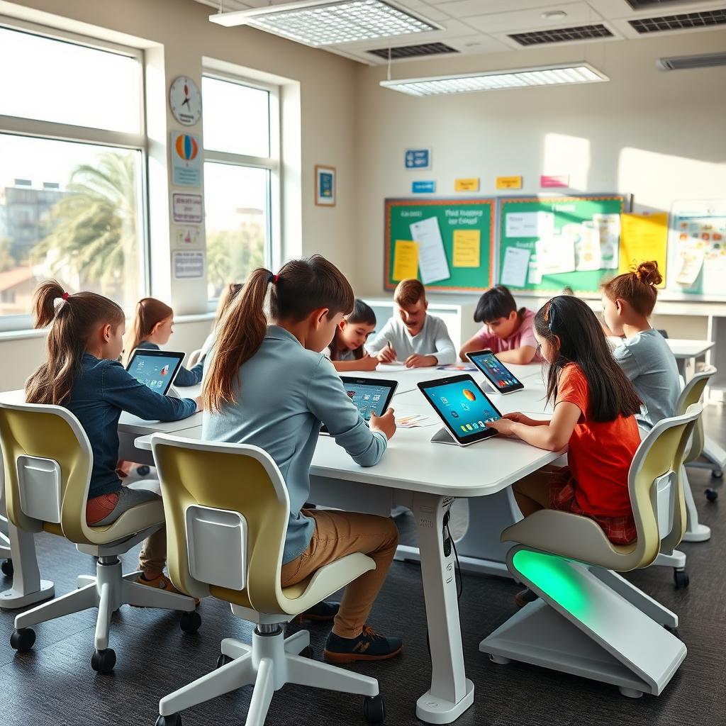 A futuristic classroom setting featuring innovative school desks and chairs