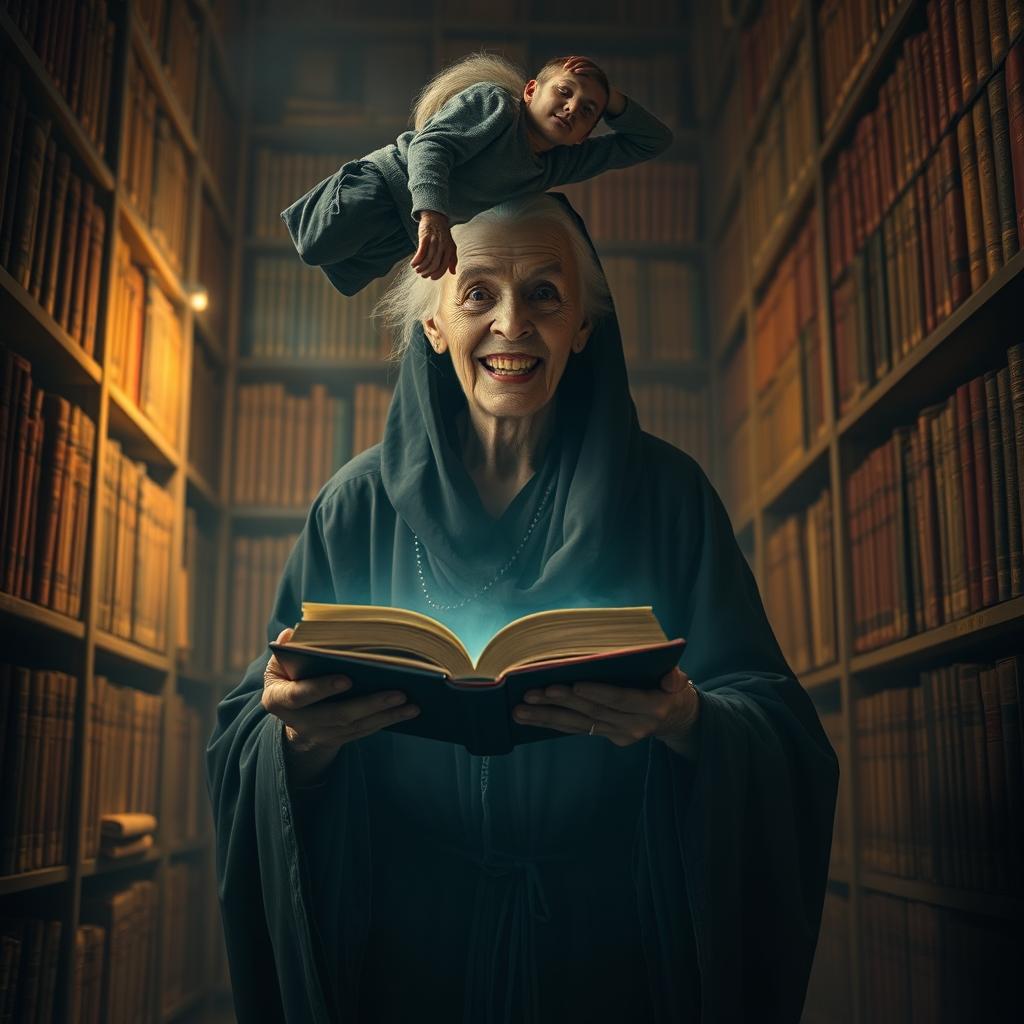 An elderly, malevolent woman in a dimly lit library, surrounded by towering shelves filled with ancient books