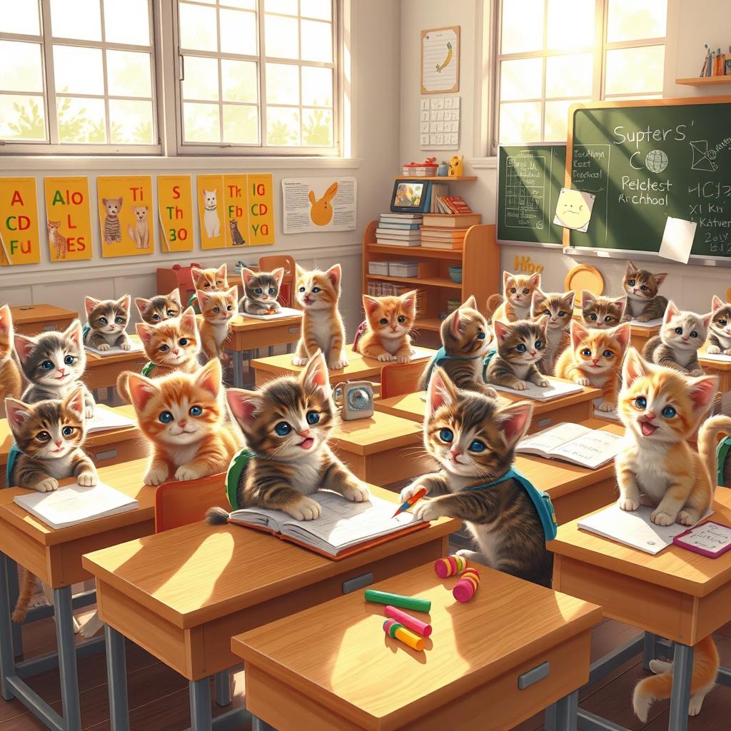 A delightful classroom scene filled with adorable, happy kittens sitting at tiny desks, wearing little backpacks