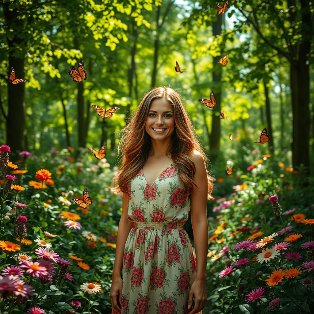 A lush forest scene with vibrant greenery and dappled sunlight streaming through the leaves, showcasing a diverse array of beautiful flowers in full bloom