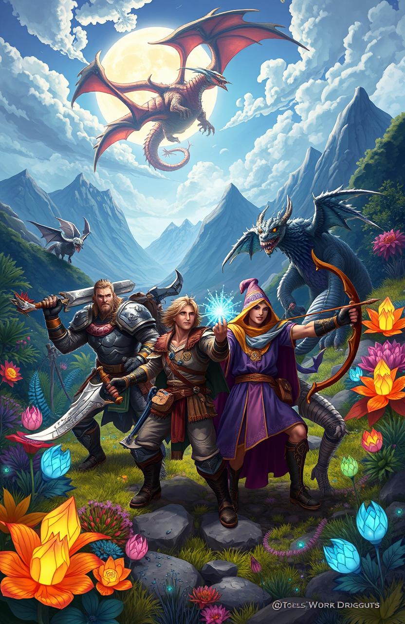 A fantasy illustration depicting a team of Monster Hunters in a lush, magical landscape inspired by the worlds of Monster Hunter and Dungeons & Dragons