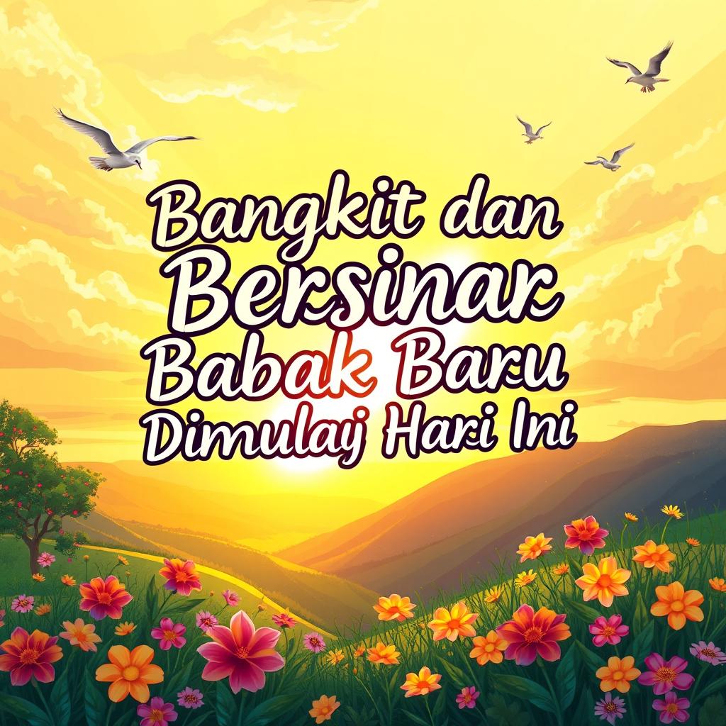 A vibrant and uplifting illustration representing a new beginning, with the phrase 'Bangkit dan Bersinar: Babak Baru Dimulai Hari Ini' artistically integrated into the scene