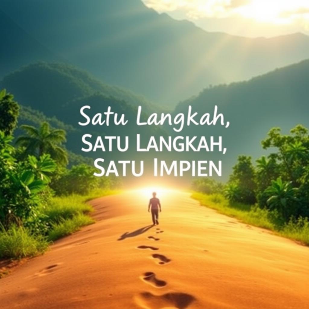 An inspiring and motivational scene showcasing the phrase 'Satu Langkah, Satu Impian' integrated into the artwork