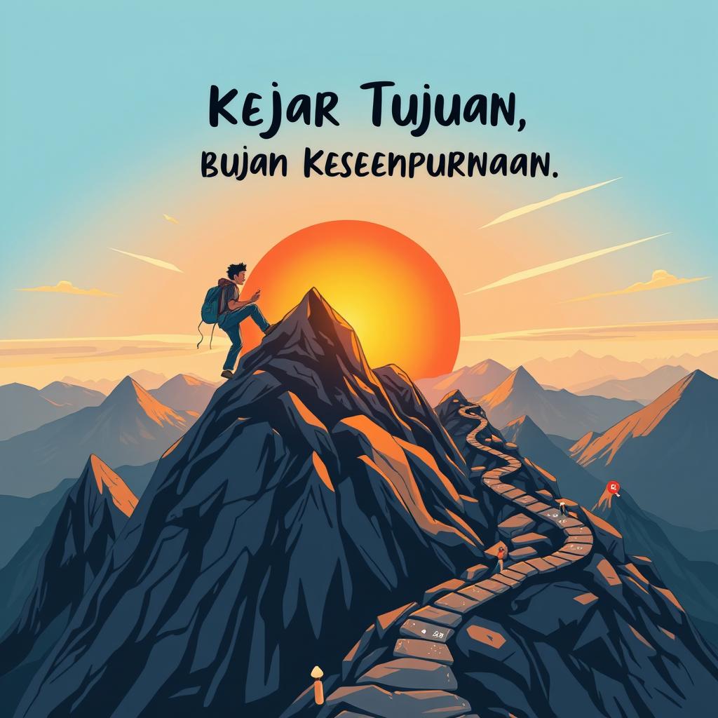 An inspiring illustration capturing the essence of 'Kejar Tujuan, Bukan Kesempurnaan'