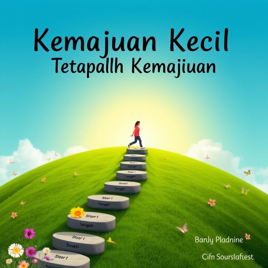 An uplifting and motivational artwork illustrating the phrase 'Kemajuan Kecil Tetaplah Kemajuan'