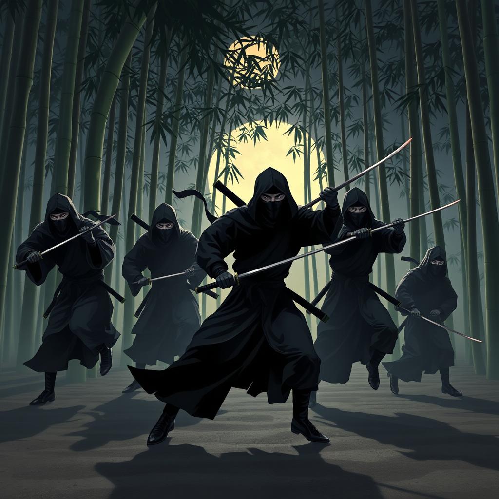 A group of stealthy ninjas in traditional black attire, stealthily moving through a moonlit bamboo forest