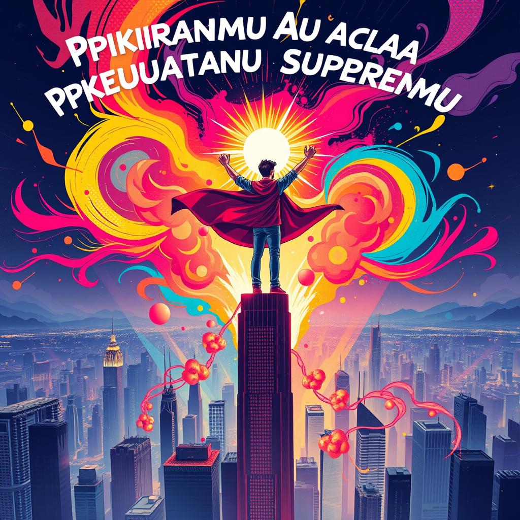 A powerful and imaginative illustration embodying the phrase 'Pikiranmu Adalah Kekuatan Supermu'