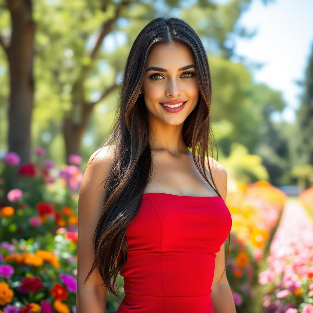A stunning young woman with long, flowing dark hair and sparkling green eyes, dressed in a flattering, form-fitting red dress that accentuates her curves