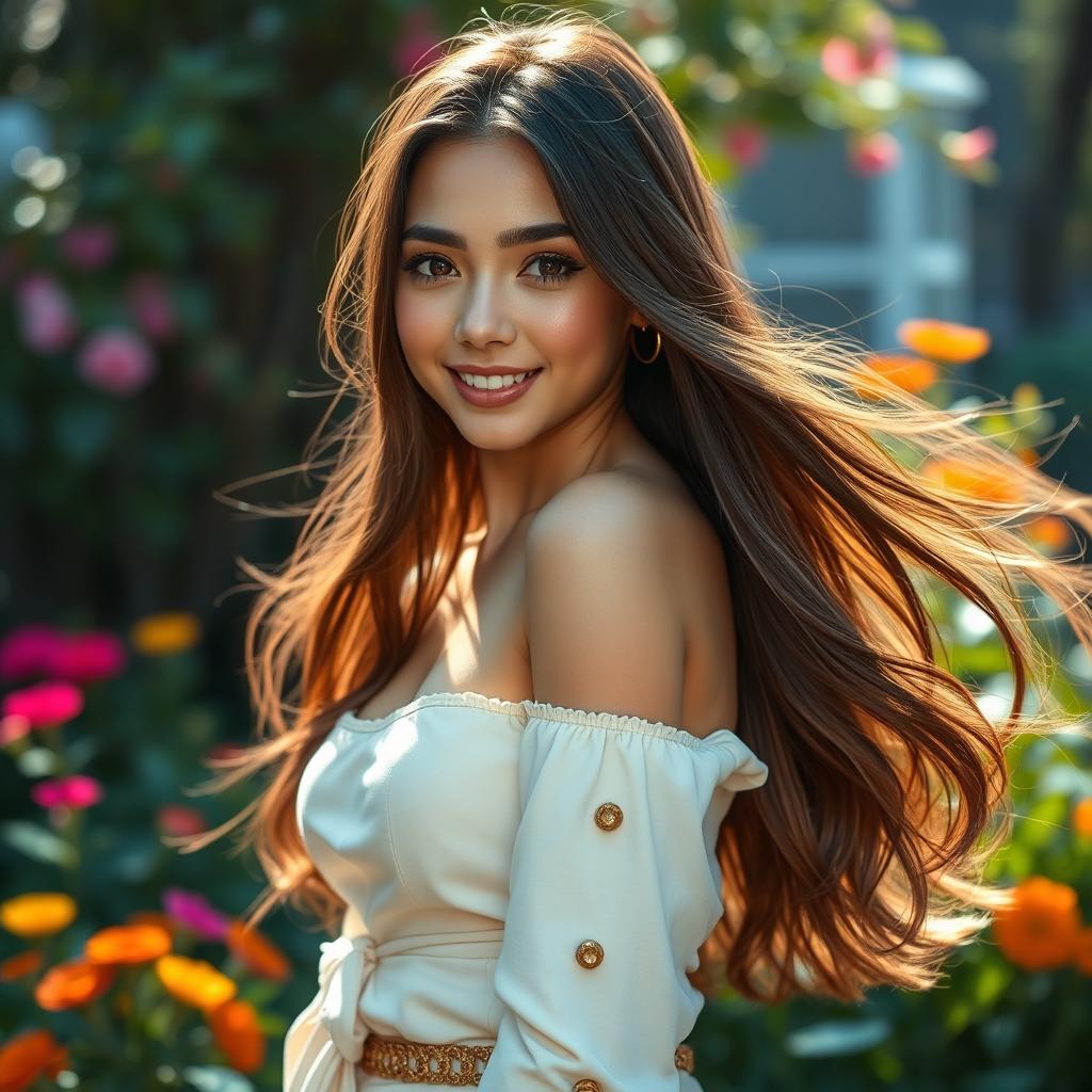 A stunning ideal girl with long flowing hair, bright sparkling eyes, wearing a fashionable outfit that accentuates her curves perfectly