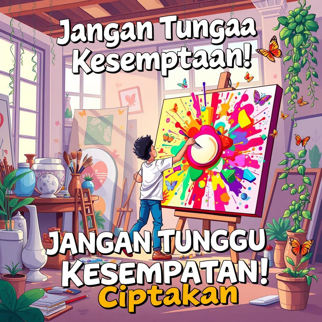 A vibrant and motivational illustration showcasing the phrase 'Jangan Tunggu Kesempatan—Ciptakan!'