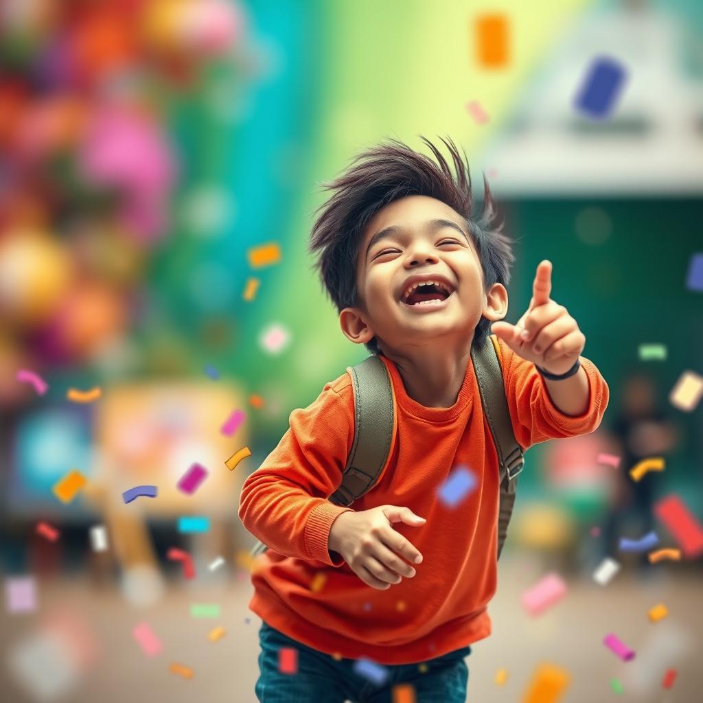 A dynamic and vibrant digital composite image featuring a lively character from a first photo, seamlessly integrated into the top left background of a second photo